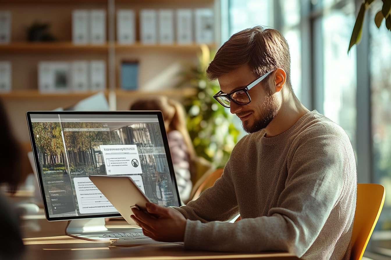 Developer reviews a website accessibility interface on a monitor while holding a tablet.