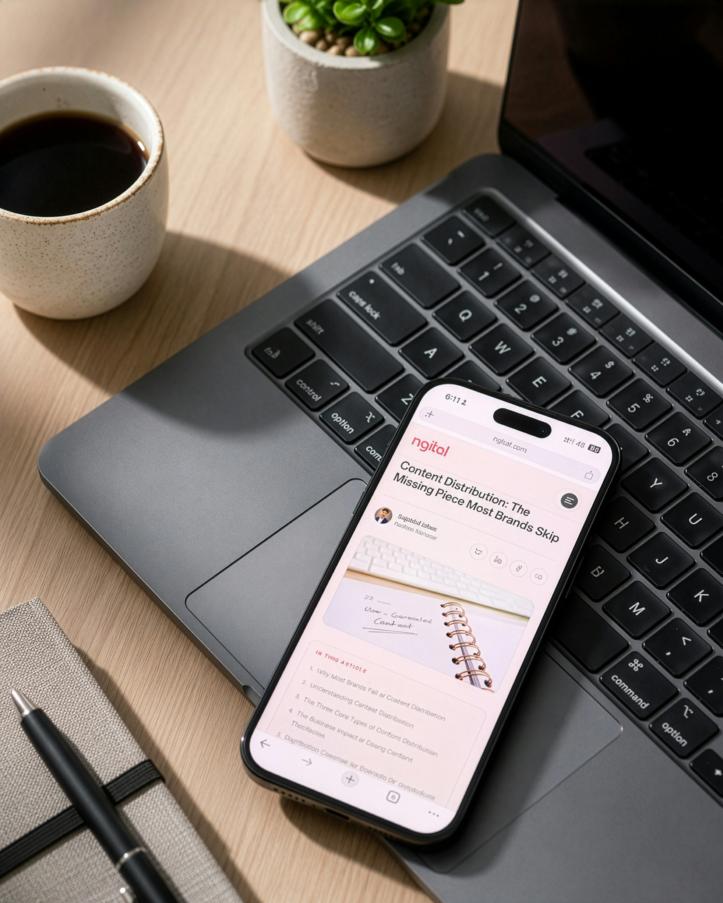 Smartphone rests on a laptop beside an SEO article and workspace notes.