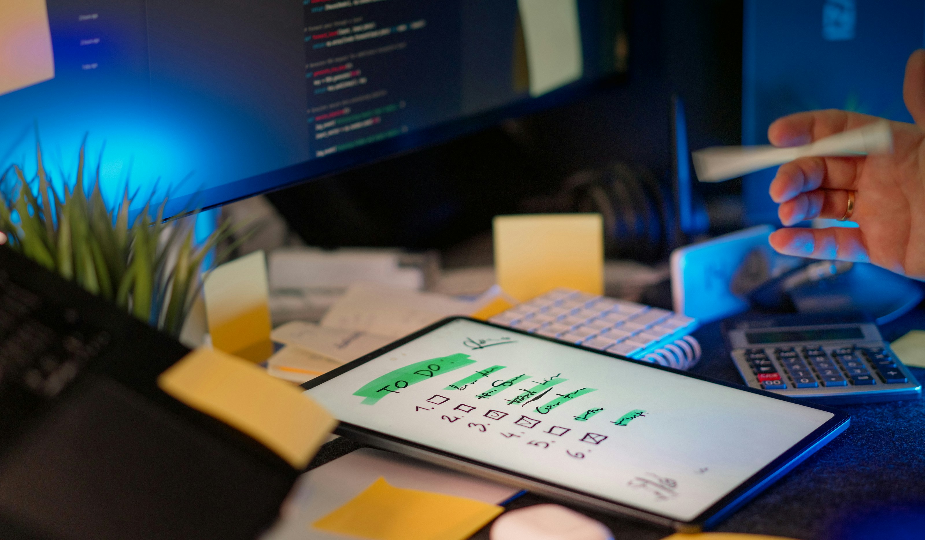 Developer works across multiple coding screens with a digital checklist on the desk.