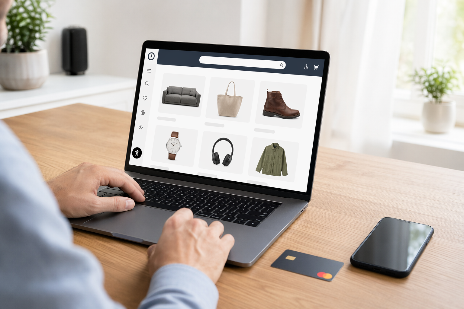 Shopper browses products on a laptop while using an online retail interface.
