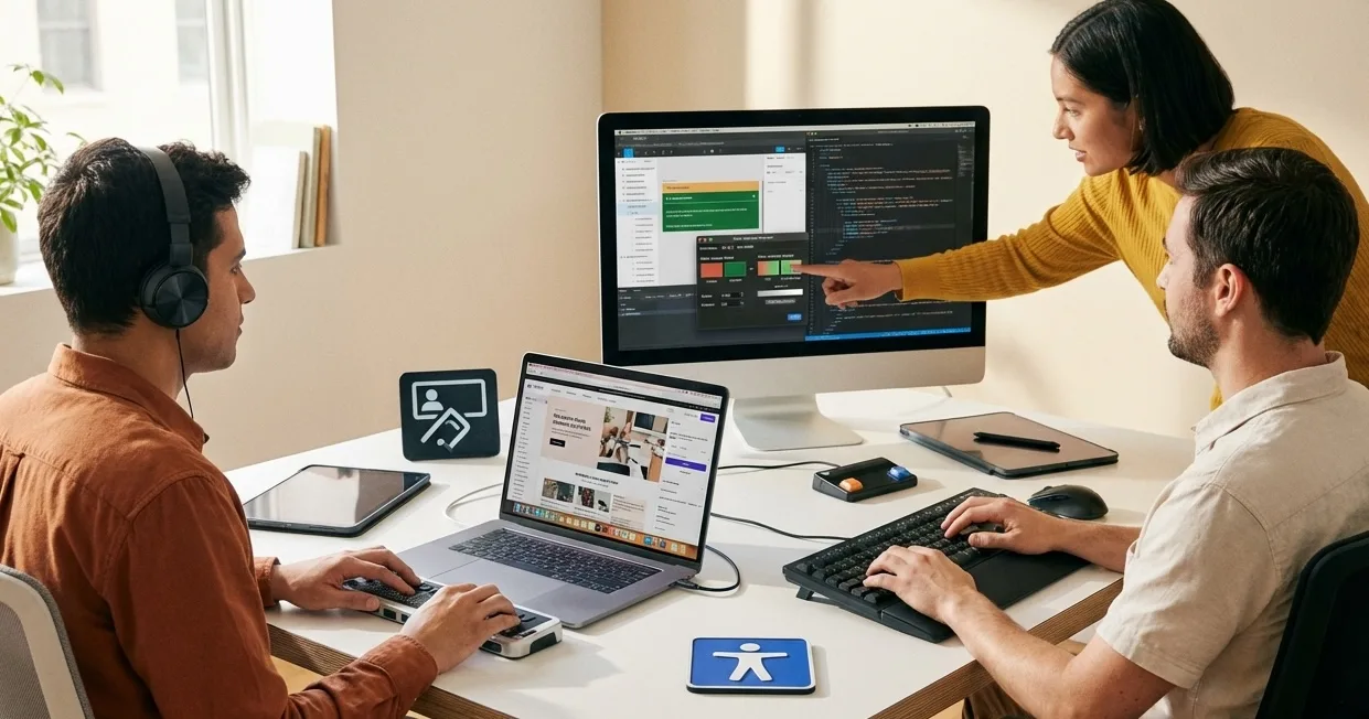 Two accessibility testers review code and interface findings on a desktop computer.