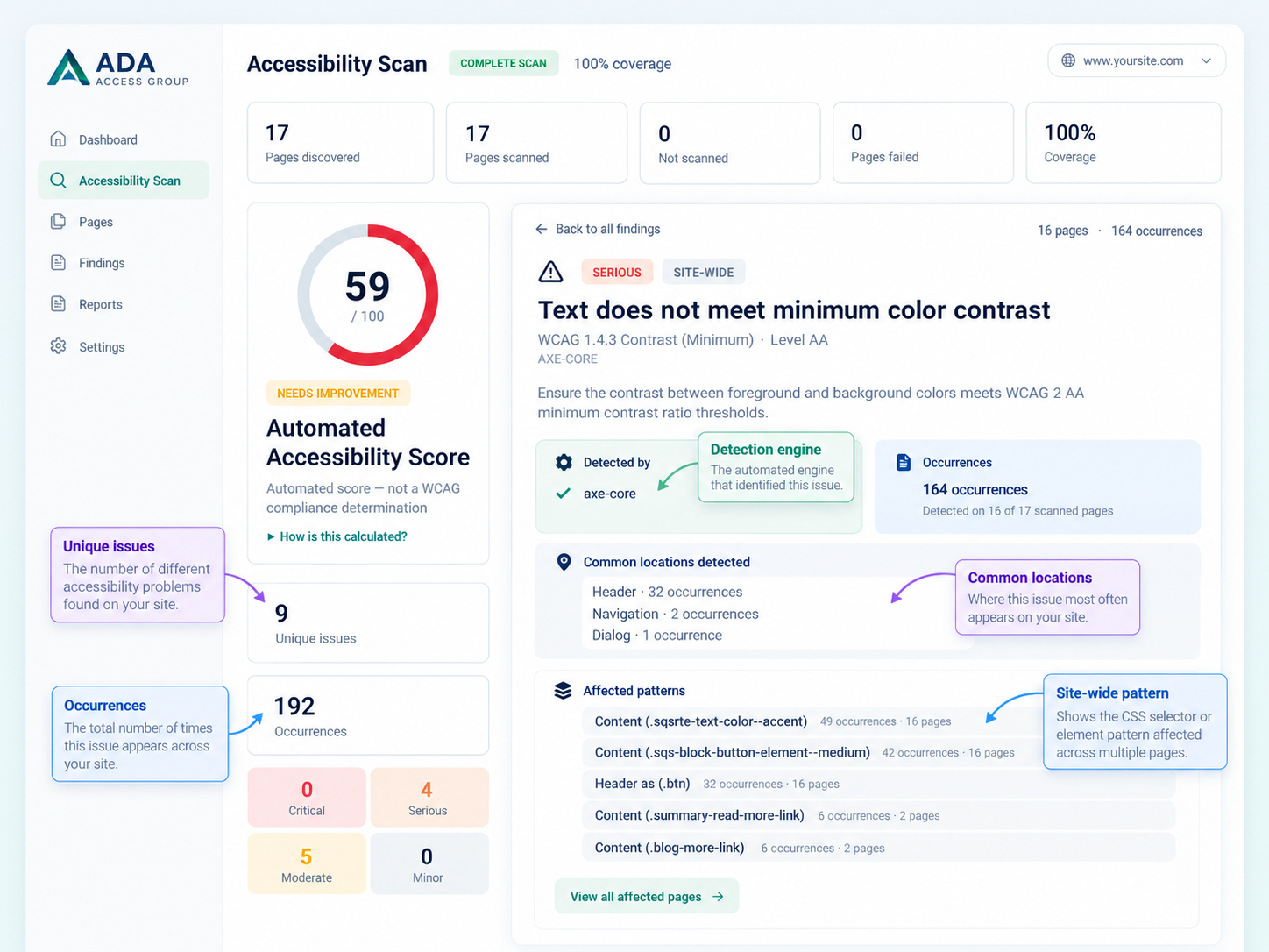 Annotated ADA Access Group accessibility scan report explaining unique issues, occurrences, detection engine, common locations, and site-wide affected patterns.